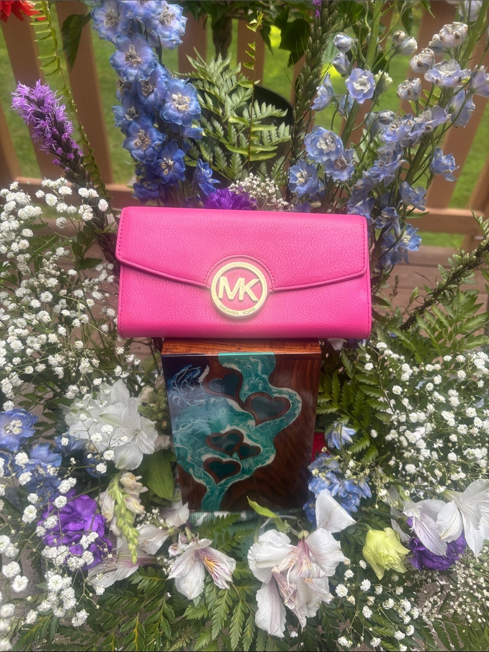 Michael Kors Hot Pink Pebbled Leather MK Logo Continental Wallet
